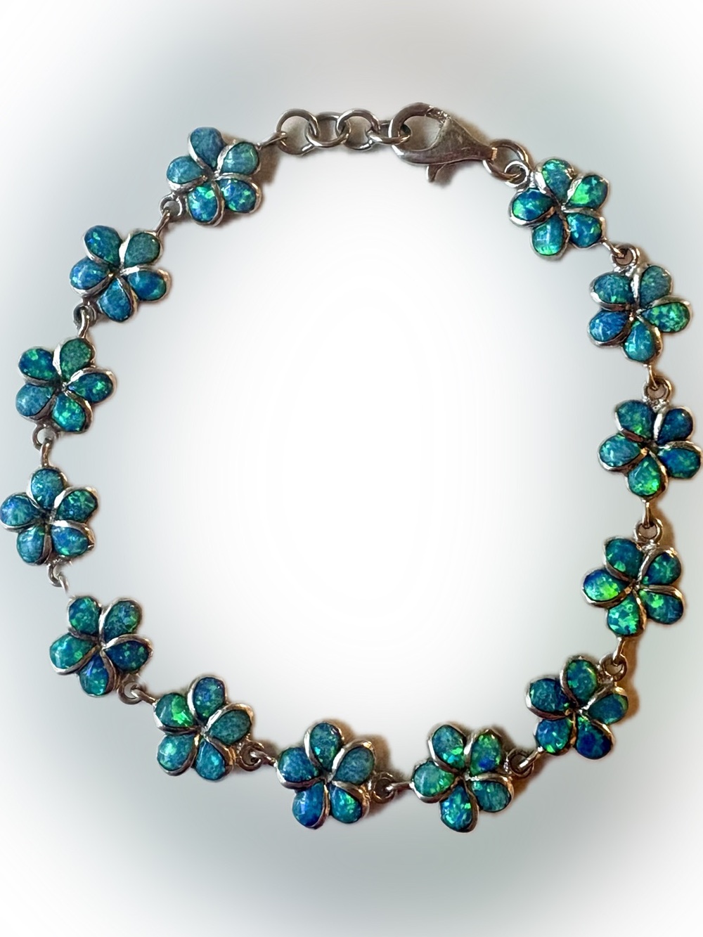 Hawaiian plumeria Blue-Green Fire Opal Bracelet Sterling Silver Women’s Jewelry